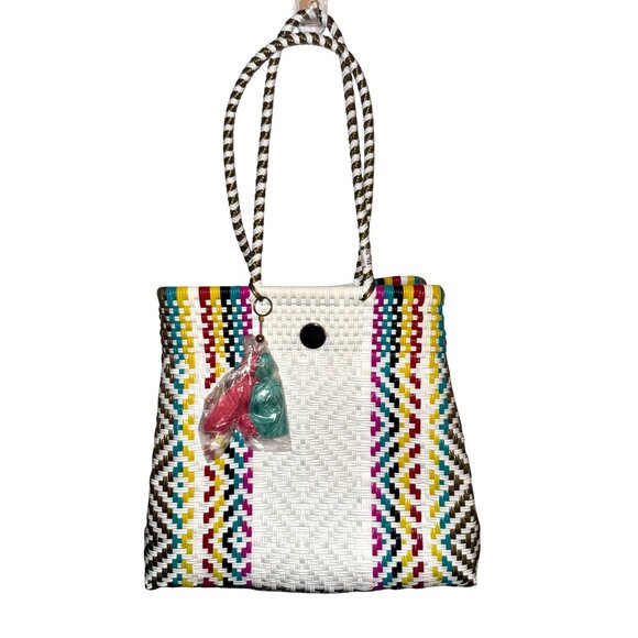 Handwoven Tote Bag With Multicolor Stripes & Button Closure - Picture 1 of 7